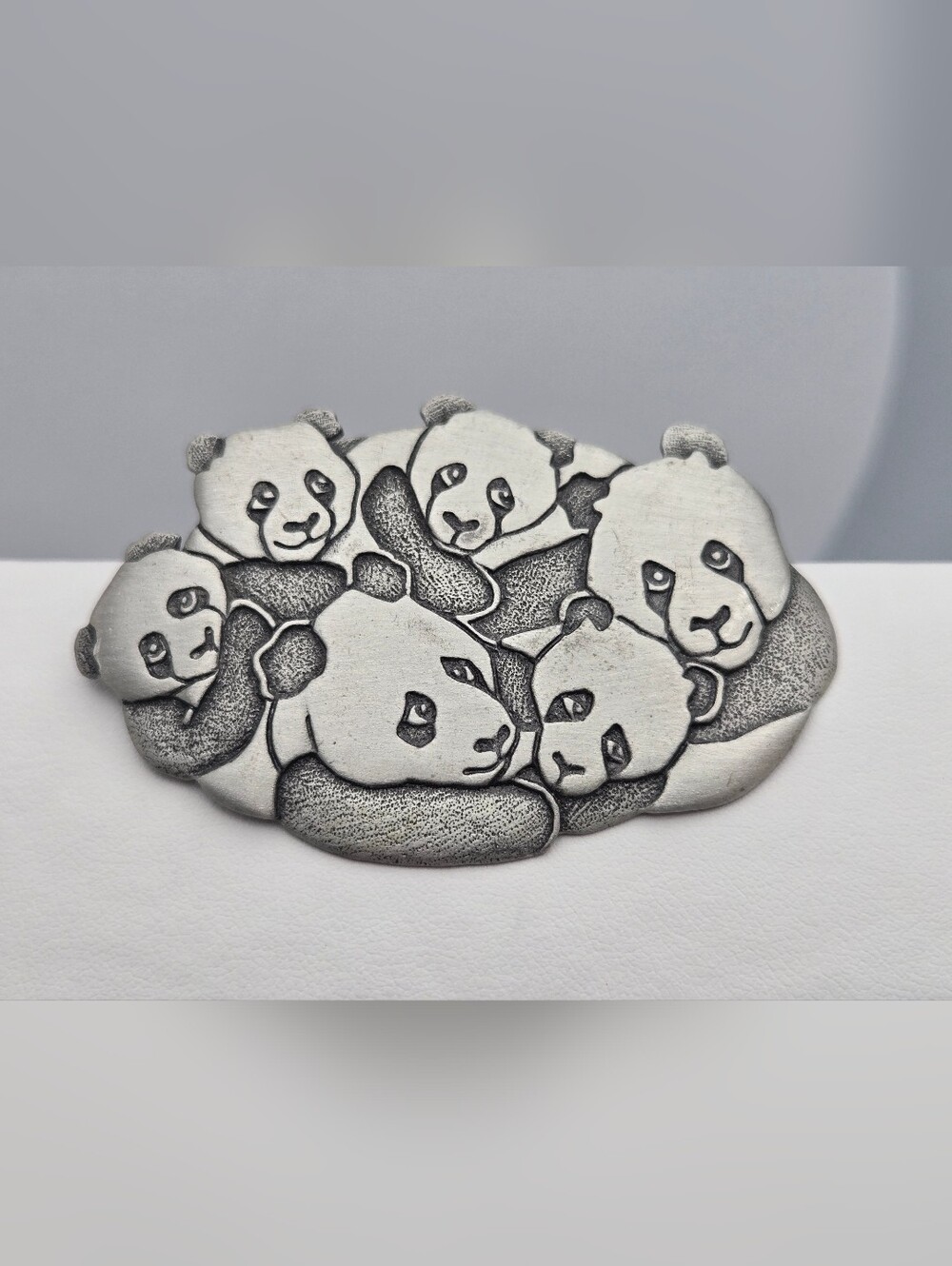 Vintage JJ Panda Family Brooch Pewter Animal Pin Signed Jonette Jewelry